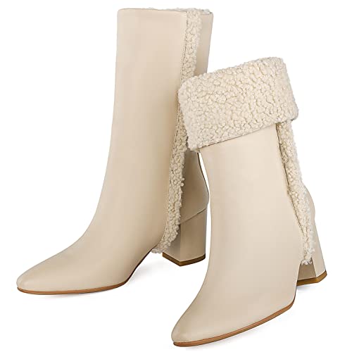 Women Faux Fur Lined Winter Boots Chunky Mid Heel Warm Short Boot Slip On Pointed Toe Ankle Booties