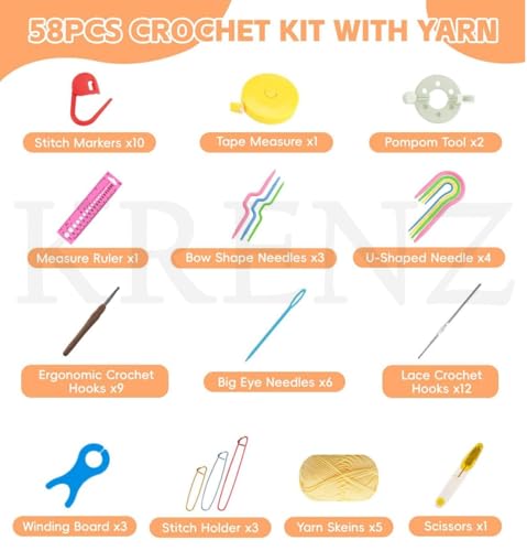 Image of KRENZ 59 Pcs Crochet Knitting Needle Kit with Carry Bag Ergonomic Hooks Crochet Needle Kit Comprehensive Crochet Hook Set for Beginners & Professionals DIY Crochet Kit with Tools & Accessories