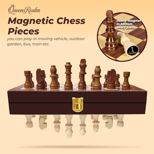 Image of QueensRealm 10 Inch Chess Board Set Wooden Handmade Magnetic Foldable Chessboard for Kids & Adults, Compact & Portable Travel Chess with Inbuilt Storage 2 Players Board Game(10 Inch x 10 Inch- Wooden)