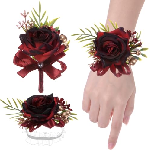 M METERXITY 1-Set de Pulsera de Flores y Boutonnières, Pulsera de Flores de Rosa Artificial y Boutonnière para Boda/Fiesta/Promoción/Decoraciones, Set de Pulsera de Flores [Rojo Vino]