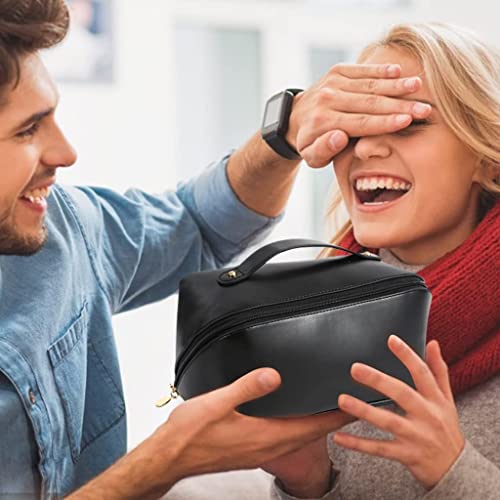 JRM Large Capacity Travel Cosmetic Makeup Bag, Waterproof Makeup Pouch with Handle and Divider, Portable Open Flat Toiletry Organizer Bag for Women (Black)