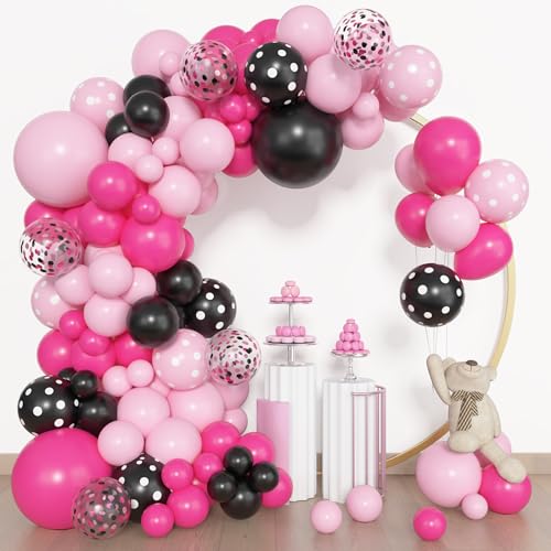 Image of Amandir 153pcs Pink Black Balloon Garland Arch Kit Different Sizes | 18 12 10 5 inch Pink Black Latex Dot Confetti Balloons for Girl Cartoon Mouse Birthday Party Decoration