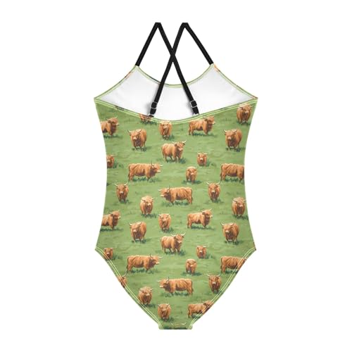 senya Girls Swimsuits One-Piece Swimwear Tie Bathing Suit Beach Summer Round Neck 9-10T Highland Cattle Meadow Pattern2