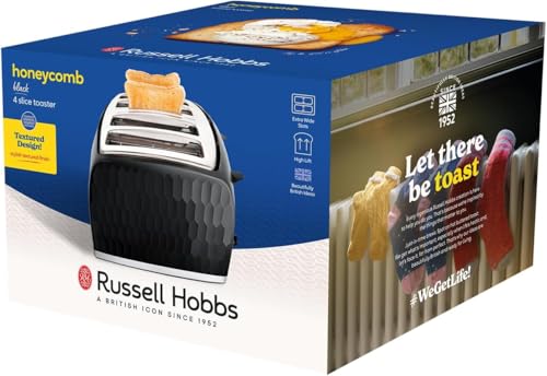 Russell Hobbs Honeycomb 4 Slice Toaster (Independent & Extra wide slots with high lift, 6 Browning levels, Frozen/Cancel/Reheat function, Removable crumb tray, 1500W, Black textured high gloss) 26071