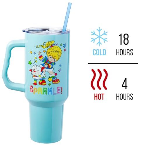 Silver Buffalo Rainbow Brite and Twink Sparkle Double Walled Stainless Steel Tumbler with Handle and Straw, Fits in Standard Cup Holder, 40 Ounces