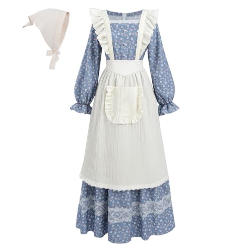 LTAKK Kolonialkleid für Damen, Pionierkostüm, Prärie, Pilgerkleider mit Kopftuch und Schürze, blau-weißes Blumenmuster, Größe XXL