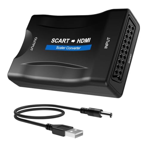Convertidor HDMI a SCART 1080P, Adaptador HDMI a SCART con Cable USB, Adaptador HDMI a Euroconector Compatible con PS3 PS4 PS5 Xbox DVD BLU Ray TV Box, HDMI to SCART PAL NTSC