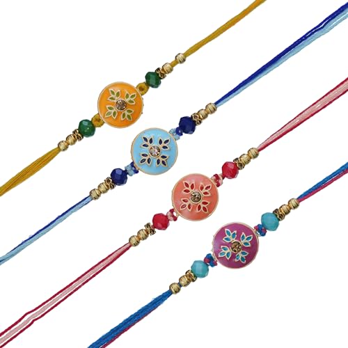 Image of eCraftIndia Set of 4 Designer Rakhi for Brother with Best Bro Ever Fridge Magnet & Cute Sibling Showpiece | Premium Beaded Rakhi Set with Roli Chawal | Raksha Bandhan Gift Combo