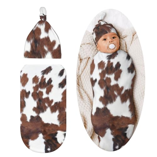 Image of Brown Cow Print Baby Stuff Newborn Swaddle Blanket Highland Cowhide Print Western Soft and Stretchy with Beanie Hat Sack for Girls and Boys Infant
