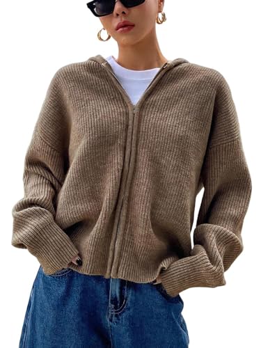 Image of SOLY HUX Zip Up Cardigan for Women Hooded Cardigan Sweater Knitted Drop Shoulder Fall Clothes Winter Hoodies Outerwear Plain Coffee Small