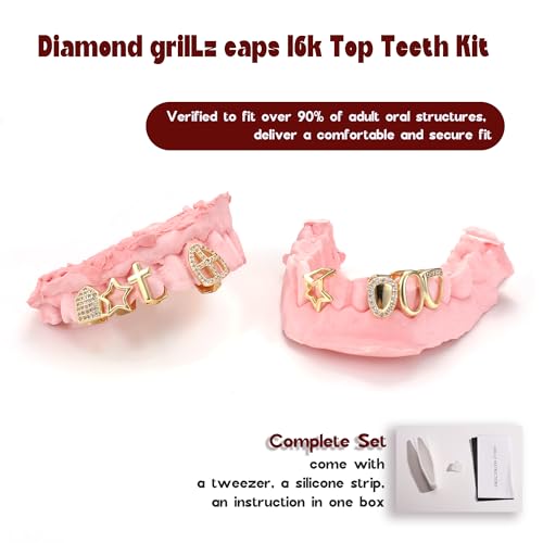UBGICIG 6Pcs Dental Grillz, Single Grills for Your Teeth, Gold Plated Tooth Cap Fake Grill, Diamond Grillz Teeth for Men Women, Vampire Faux Halloween Top Teeth Kit, Hip Hop Jewelry with Molding Bars2