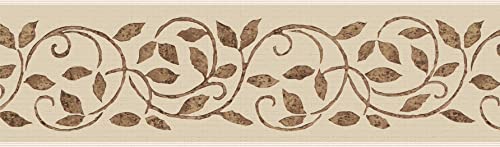 Dundee Deco Ddazbd9334 Peel And Stick Wallpaper Border - Damask Cream Brown Vines Wall Border Retro Design, 15 Ft X 7 In (4.57M X 17.78Cm), Self Adhesive #TOP4