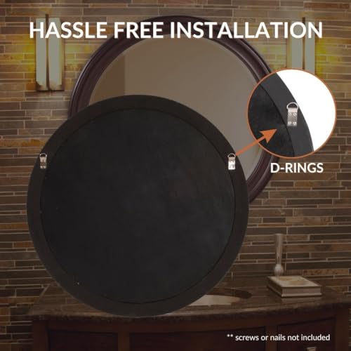 Image of Howard Elliott Collection George Round Chocolate Brown Wall Mirror, Bevelled Vintage Hanging Wood Framed Vanity Mirrors for Home Decor, Living Room, Bathroom, Bedroom, or Hallway, 36 Inch Round