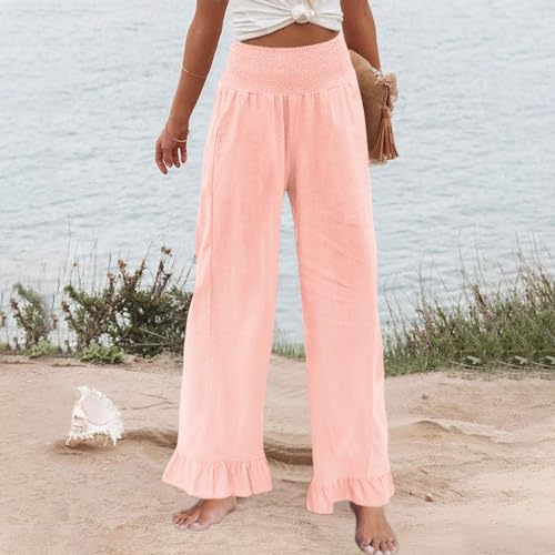 Image of Palazzo Pants for Women Linen Smocked Elastic Waist Ruffle Wide Leg Pants Summer Beach Flowy Boho Pant with Pockets