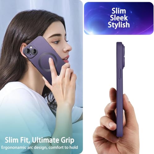 Image of DIZORO Magnetic Case for iPhone 15 Compatible with MagSafe Built-in Camera Lens Protector Slim Soft Silicone Bumper Shockproof Metallic Luster Back Cover Phone Case Deep Purple
