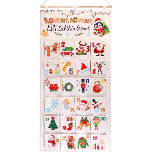 JOPOYOCO Bolsa De Parede Para Calendário Do Advento De Natal Com 24 Bolsos, Bolsa Organizadora Para Contagem Regressiva De 24 Dias, Ideal Para Decoração De Parede Natalina, Lembrancinhas De Tecido
