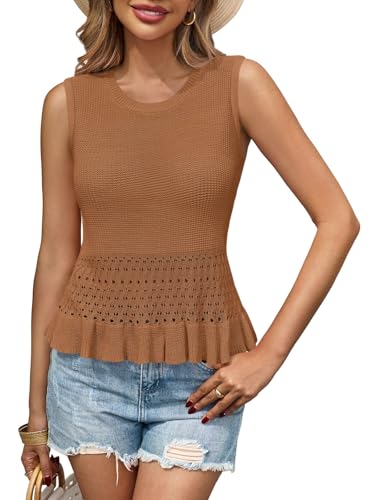 Image of Saodimallsu Womens Crochet Tank Top Sweater Vest | Sleeveless,Crew Neck,Pullover Top, Ruffle,Boho,Knit,Beach Vacation Outfits