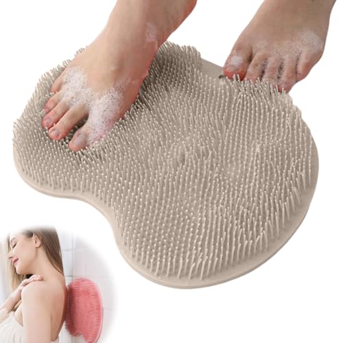 Shower Foot Scrubber Mat with Non-Slip Suction Cups, Foot Back Cleaning Pad Back Washer Exfoliating Bath Wash Pad, Non Slip Bathtub and Shower Mat with Suction Cups and Drain Holes (Brown)