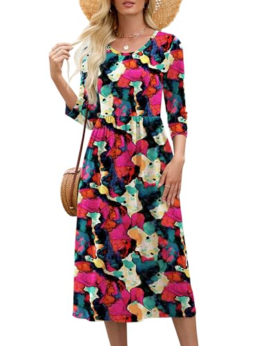 Image of Heymoments Women's Casual 3 /4 Sleeve Midi Dress Crewneck A Line Tiered Flowy Loose Travel Long Dresses with Pockets