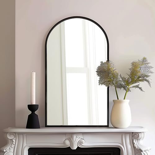 Image of Dewfig Arched Wall Mirror, 42 inchx24 inch Bathroom Mirrors for Wall, Black | Farmhouse Decorative Metal Frame Mirror for Bathroom Vanity, Lean /Hang, for Living Room, Entryway, Hallway, Home Decor