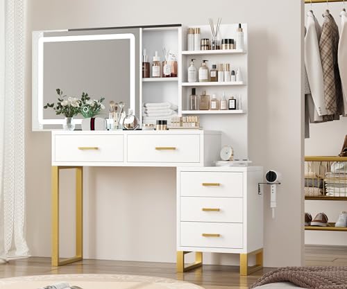 Garvee 46.8'' Vanity Desk with Mirror, LED Lights and Power Outlet, Makeup Vanity Table with 5 Drawers and 3 Storage Shelves, Dressing Table with Black Handle for Bedroom, Dressing Room (Black)