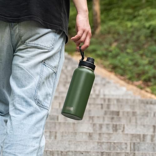 Image of koodee 32 oz Stainless Steel Water Bottle-Double Wall Vacuum Insulated Sports Water Bottle for Men-Reusable Travel Leakproof Water Flask with 3 Lids and Silicone Boot, BPA Free(Grass Green)