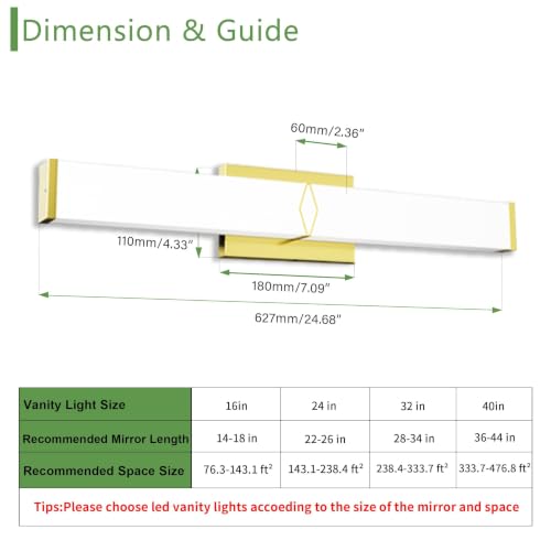 Image of 24Inch 25W Modern Gold Vanity Lights for Bathroom 5 CCT 2 Pack