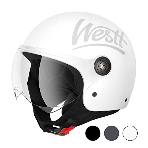 Westt Casque Jet Classic avec visière pour Moto pour Homme Femme Scooter Chopper cyclomoteur rétro Pilote de Moto Demi-Coque avec certifié ECE Dot, Blanc Brillant, XL (59-60 cm)