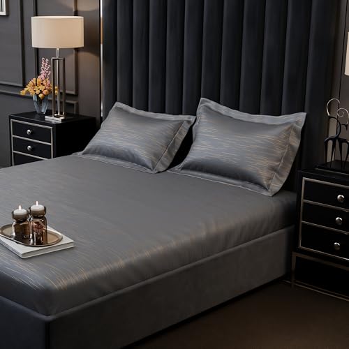 Image of Stoa Paris 350TC Luxture Cotton King Fitted Bedding Set with 2 Pillow Covers, All-Around Elastic Fitted Bedsheet 183cm x 198cm + 30cm Drop, All Season Comfort, Breathable, Panache 2.0 - Grey