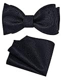 Gusleson Mens Black Self Tie Bow Tie Silk Woven Paisley Bow tie Handkerchief Set for Wedding (UK0652-09)