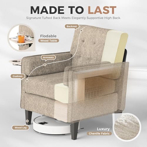 Image of Chenille Accent Chair, Mid Century Modern Arm Chair with Foldable Wooden Side Table & Cup Holder - Comfy Reading Chair for Bedroom,Living Room Chairs,Single Sofa Chair,Beige
