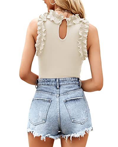 Image of WAYMAKER Women's Sleeveless Racer Back Ruffle Mock Turtle Neck Ribbed Bodysuit Tank Tops