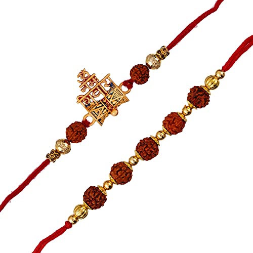 Image of eCraftIndia Set of 2 Light Blue Golden Premium Designer Rakhi for Brother Bhaiya Bhai | Roli Chawal Pack | Rakhi Combo