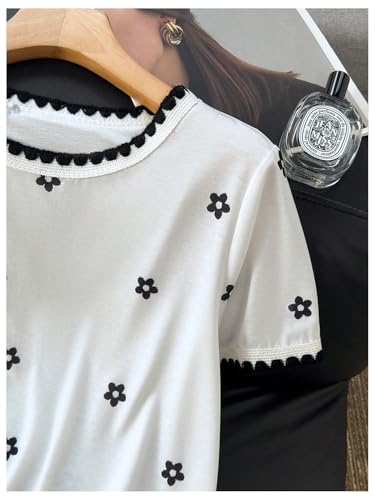 Image of RoseSeek Women's Bow Print Short Sleeve Round Neck Oversized Tops Basic Loose Fit Drop Shoulder Tees for Summer