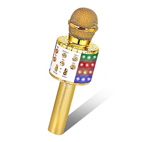 Verkstar Microphone, Birthday Gift Toy for Kids Portable Wireless Bluetooth 4 in 1 Handheld Karaoke Machine Speaker with Record Function for Android & iOS All Devices (Gold)