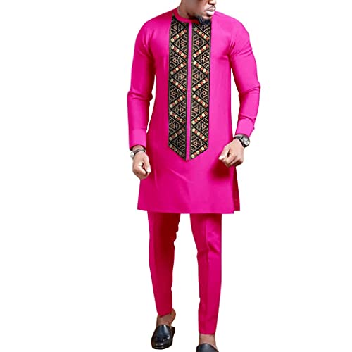 African Attire Suit for Man 2 Piece Set Embroidery Shirt and Pants Traditional Tribal Clothing Dashiki Ethnic Suit (Color : Pink, Size : Large)