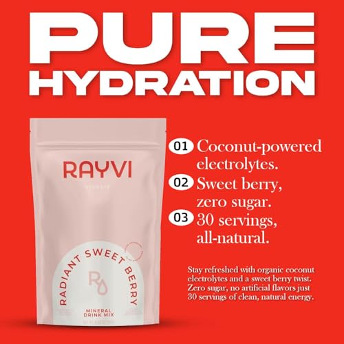 Image of Rayvi Zero Sugar Electrolytes Powder + Minerals Hydration Powder | 1 Pack (30 Servings), Vegan, No Sugar Electrolytes and Artificial Additives | Hydration Drink Supplement | Radiant Sweet Berry Flavor