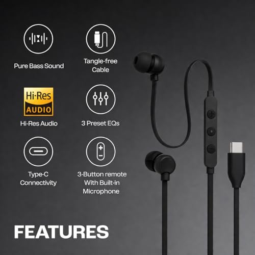 Image of Type C Earphones Compatible with JBL Tune 310 C | Wired Headphones with HD Sound, Deep Bass & Built-in Mic for Calls (Black)