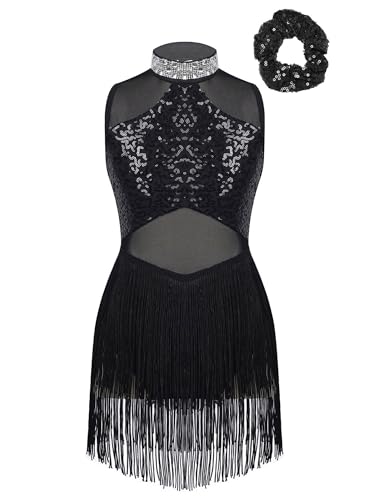 Hedmy Mädchen Ballettkleid Tanzkleid Jazz Lateinkleid Ärmellos Pailletten Trikot mit Quasten Tanzkostüm für Gymnastik Wettbewerb Schwarz 146-152