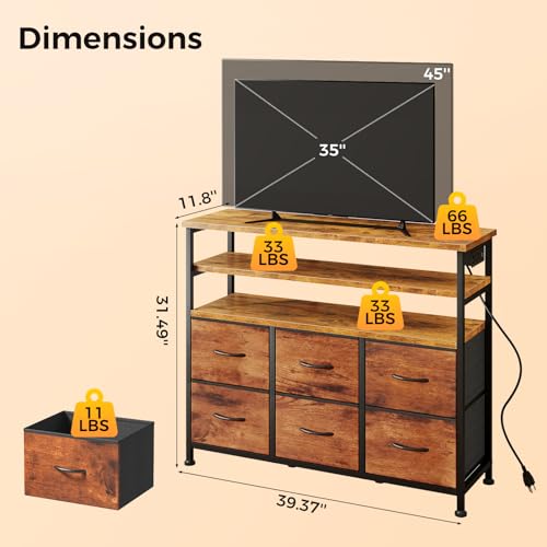 Image of NEWBULIG Dresser TV Stand with 6 Fabric Drawers and 2 Shelves, TV Media Console Table for Up to 45 inch, Entertainment Center with Charging Station for Living Room Bedroom, Rustic Brown