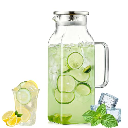 Umllpet Caraffa Vetro Quadrata 2L con Coperchio Acciaio Inox, Caraffa Ermetica con Manico Antigoccia, Resistente Caldo Freddo per Frigorifero