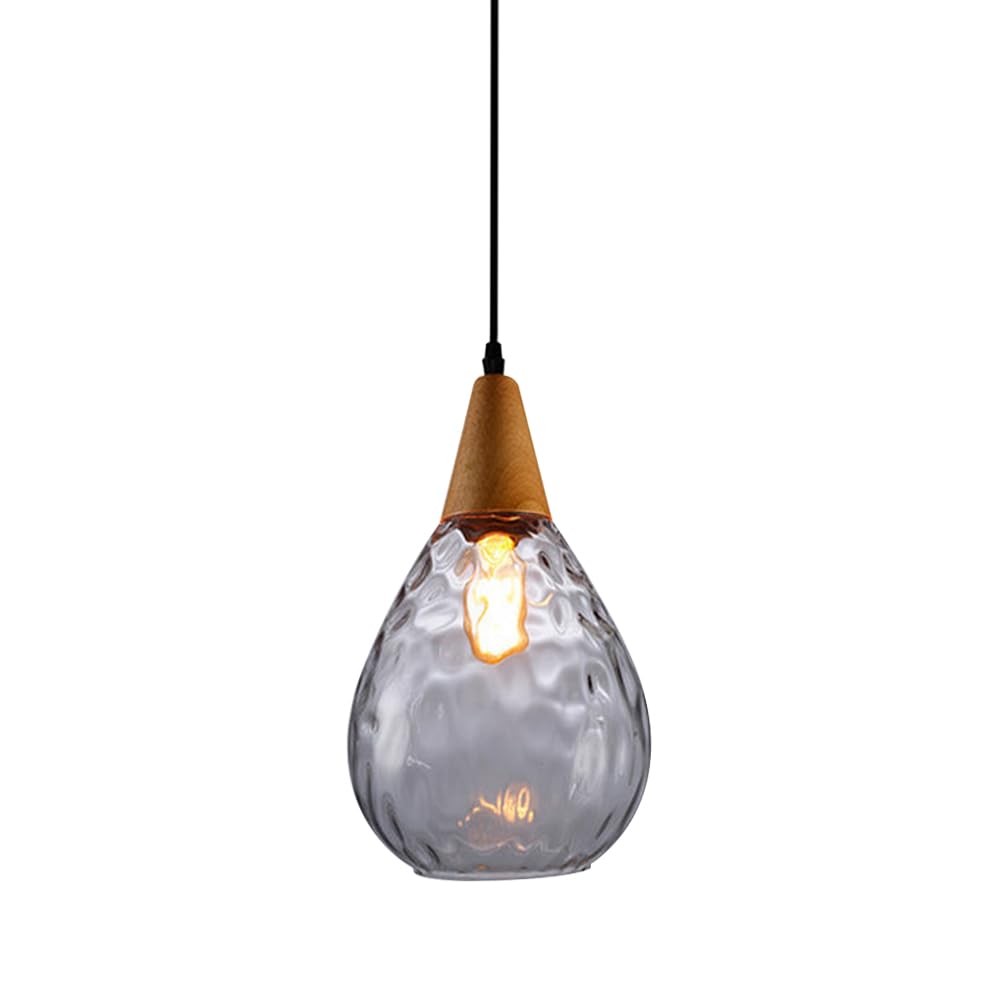 Glass Pendant Light Modern Wood Hanging Lamp Hammered Glass Ceiling Lighting Fixture Teardrop Dome Small Chandelier Dining Room Kitchen Island Suspension Lamps E27 Socket Star of Light