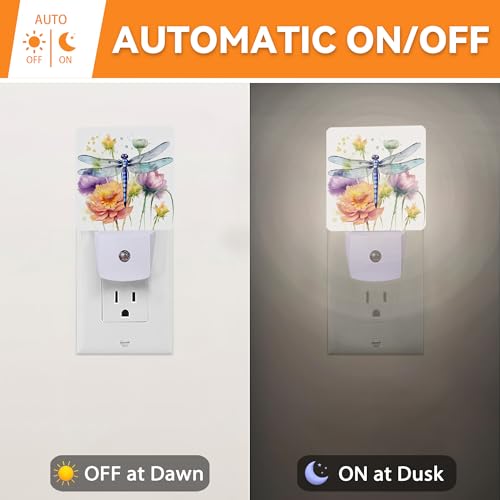 Image of Dragonfly Watercolor Dusk to Dawn Night Light, Auto Sensor Lamp Home Indoor Stairway Kitchen Corridor, Night Lights Plug into Wall Decor, Boys Girls Women Men Room Gifts