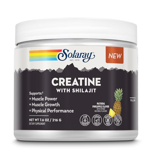 SOLARAY Creatine with Shilajit – Muscle Power and Growth Support with Creatine Monohydrate and L-Leucine Amino Acids – Natural Pineapple Flavor – Vegan, Gluten Free – 30 Servings, 7.6 OZ