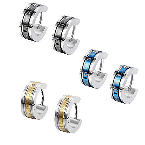 Fu You 3 Pares Acero Inoxidable Pendientes pour Hombre Mujer, Pendientes Hombre Aro, Pendientes Negros Hombre, Pendientes Oro Hombre, Titanio Pendientes de Aros Hombre Plata Pequeños Piercings 14MM