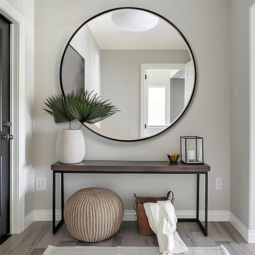 Image of Sunniry Black Round Mirror 40 inch, Circle Wall Mirror with Metal Frame | Aluminum Matte Frame, High Definition Mirror, No Distortion, Easy installation, Restroom, Cloakroom, Guest Room, Hallway