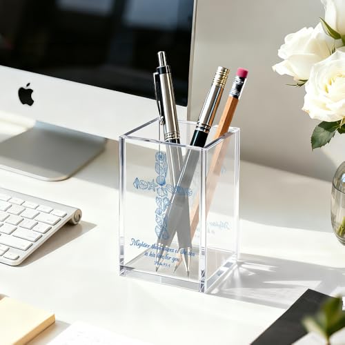 Image of Mightier Than Waves Of The Sea Acrylic Pen Holder Makeup Organizer | Funny Seashells Christian Pencil Pen Holder for Desk, Sea Bible Verse Desk Accessories, Religious Baptism Gifts for Women Men
