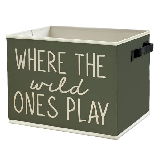 Image of Olive Green Boho Classroom Storage Bins Box with Handles, Where the Wild Ones Play Collapsible Basket Organizer for Kids Playroom Nursery Bedroom Bathroom Books Clothes