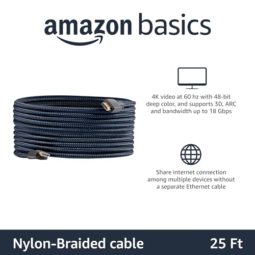 Image of Amazon Basics Nylon-Braided HDMI 2.0 Cable, 25ft, 4K@60Hz, 18Gbps, 2160p, 48 bit, Compatible with TV /PS5 /Xbox /Roku /Blu-ray, Ethernet Ready, Black & Blue (Pack of 2)