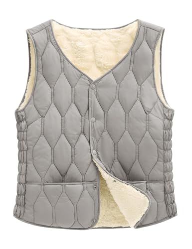 Women's Quilted Vest V Neck Fleece Puffer Vest Slim Fit Button Down Padded Gilet Sleeveless Outerwear Coat